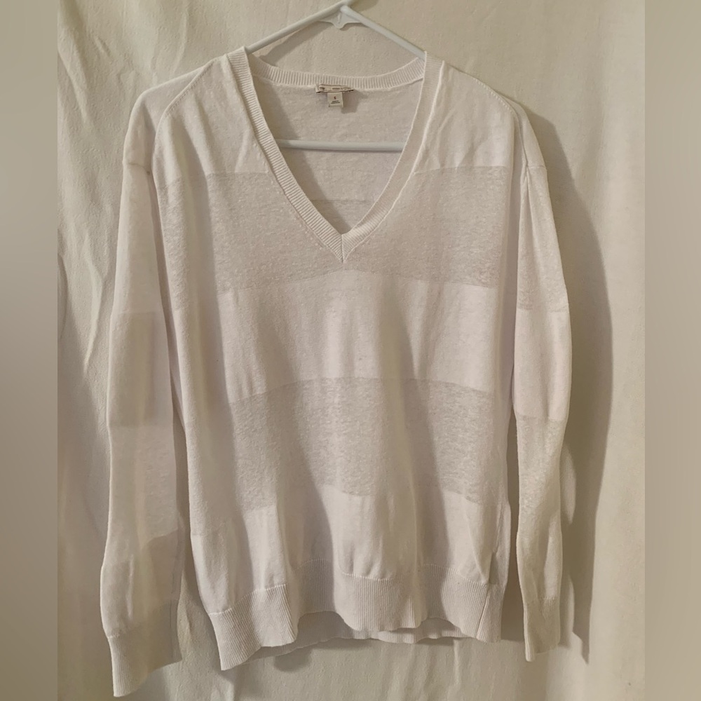 GAP White V-Neck Stripe Sweater